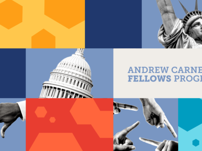 Collage of colorful blocks and images of Capitol and Statue of Libery